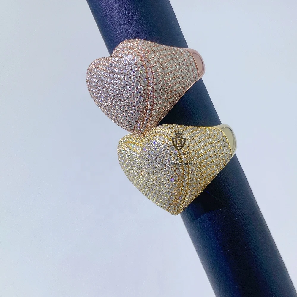 Fashion fine jewelry 925 sterling silver heart ring iced out hip hop custom silver moissanite ring