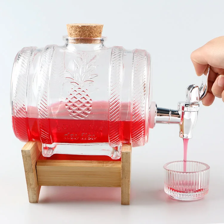 Drum design glass beer wine barrels whiskey barrel with faucet and wooden base CNLF