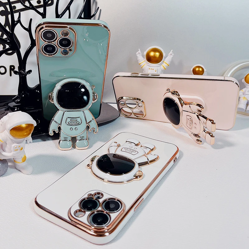 3D Cute Astronauts Luxury Gold Side Plating Silicone Phone Stand Holder Phone Case Cover for iPhone 11 12 13 14 Pro Max