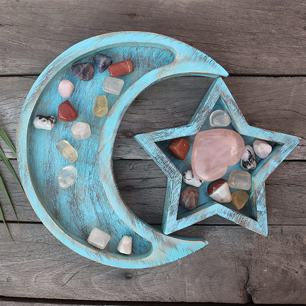 Sky Blue Wooden Moon and Star Tray for Crystal Stones
