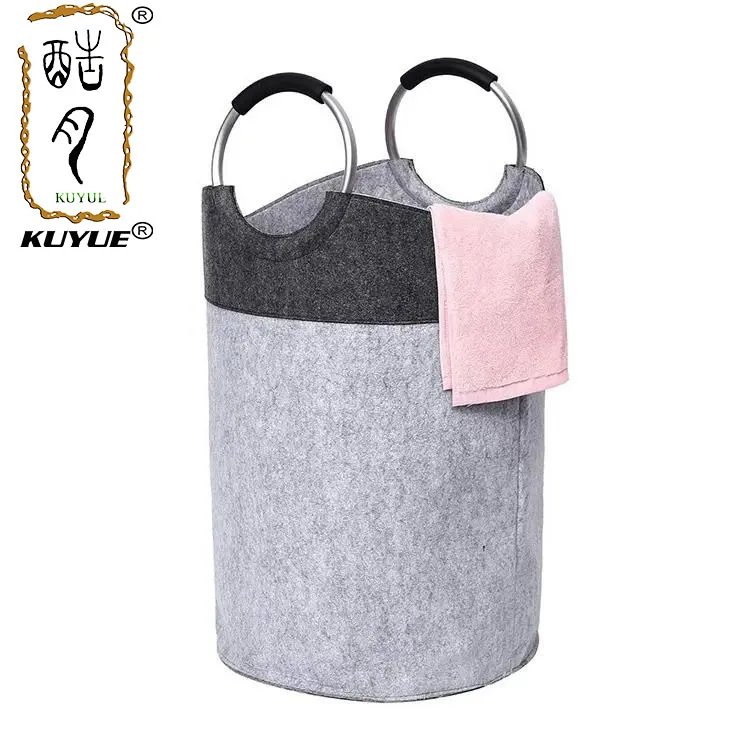 KUYUE Felt Folding Laundry Storage Basket Foldable Laundry Hamper with Aluminum Handle Opp Bag Grey Foldable Cotton Rope Basket