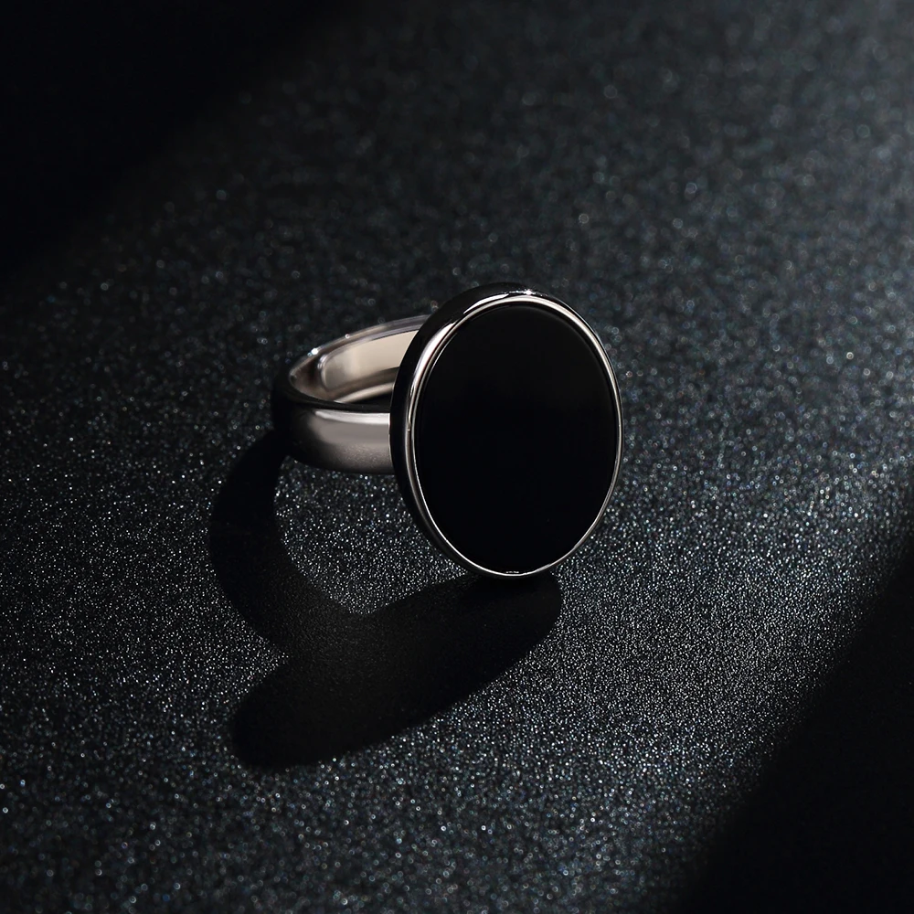 925 Sterling Silver Simple Elegant Adjustable Vintage Black Agate Women Ring