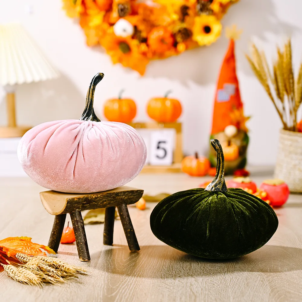 Fall Harvest Thanksgiving Day Gold Velvet Fabric Pumpkin For Home Furnishings Scene Decoration Standing Plush Pumpkin