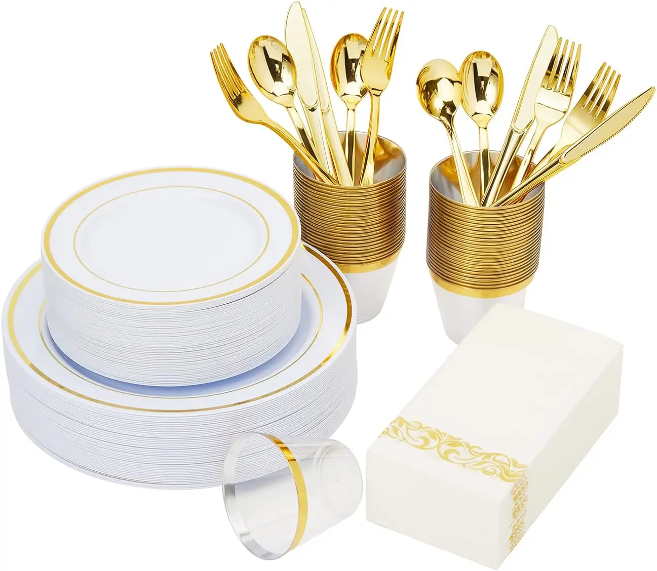 175 Pcs Gold Disposable Plastic Dinnerware Set For Party And Wedding 25 Guests Include Plates, fork, knife, spoon, cup, napkins
