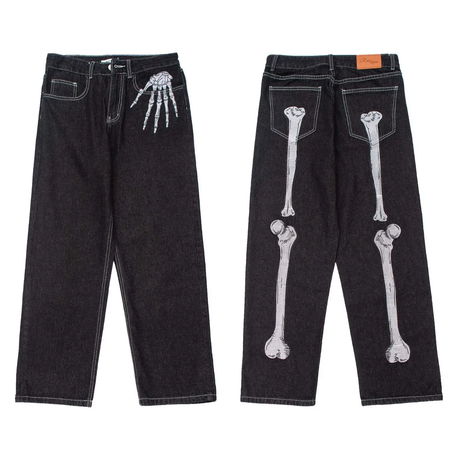 SKYKINGDOM Custom Black Skeleton Embroidered Baggy Jeans Man Loose Wide Leg Fashion Casual Denim Straight Fit Jeans Men