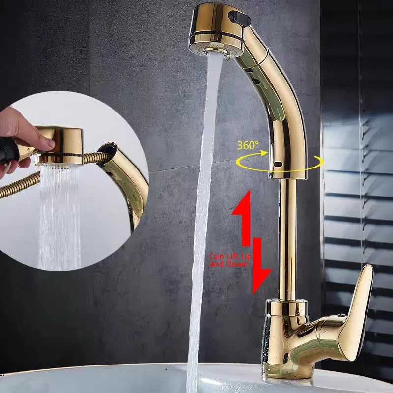 Height Adjustable Expandable Single Handle Basin Kitchen Sink Faucet With Pull Out Sprayer