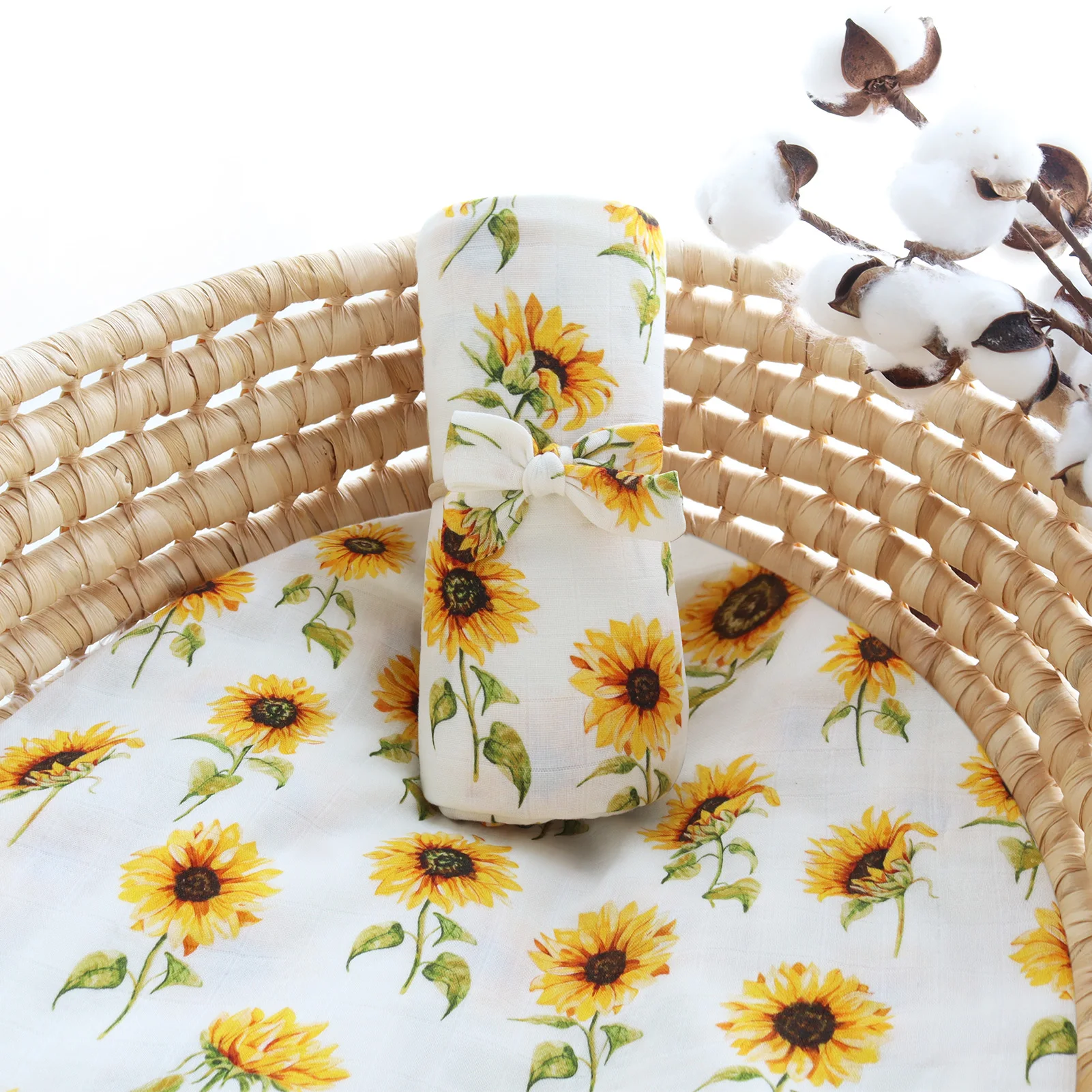 New Sunflower Swaddle Set Organic  Cotton Receiving Wrap Bamboo Newborn Baby Muslin Swaddle Blanket