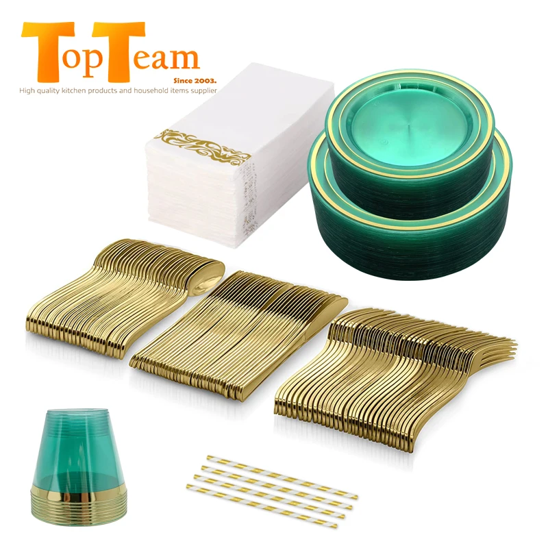 New style mint green elegant picnic set plastic plates gold set plastic for wedding restaurant disposable