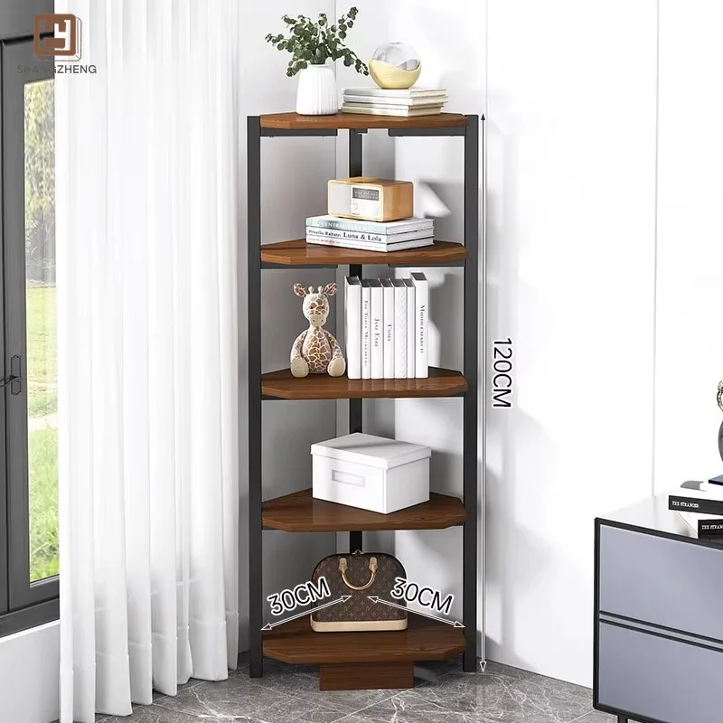 Modern Corner Bookshelf With Rounded Shelves, In Deep Brown And Black Metal, Ideal For Organized Storage And Display
