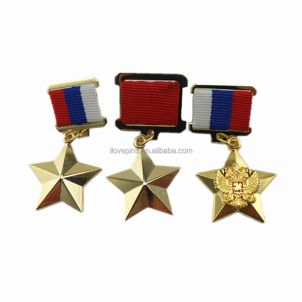 Customized Russian Star Shape 3D Badge Zinc-alloy Gold Plated Metal Brooch Pin with Ribbon