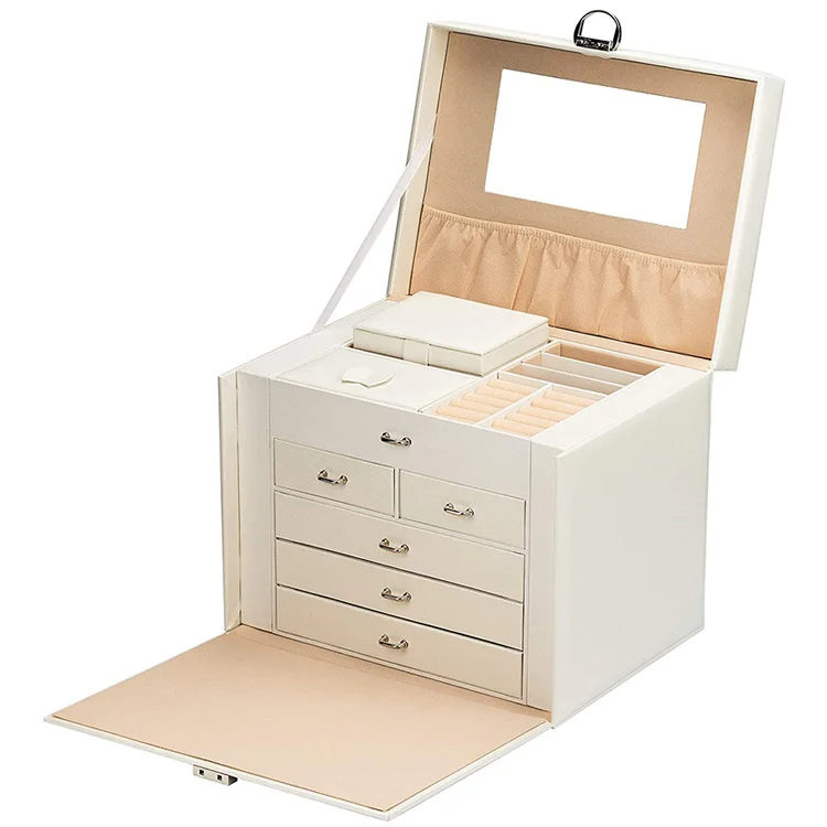 large white jewelry case whit mirrored 5 drawers,for rings, earrings, necklaces and bracelets elegant and classic