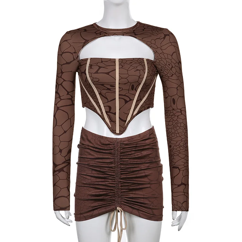 Personalized sexy Print 2 Piece Out Backless Crop Top Bandage Y2k Skirts Festival Clothes Club Outfits for Women Matching Set