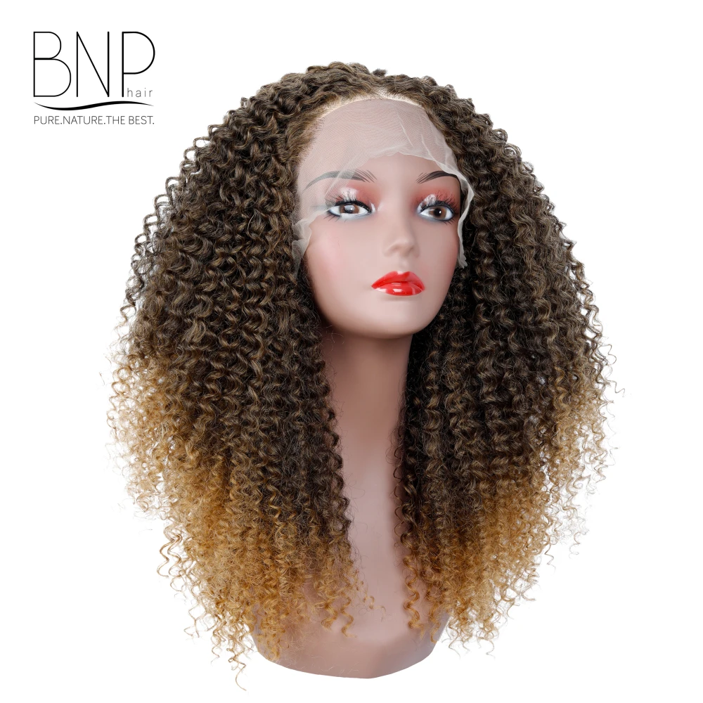 BNP High Quality 13X4 Lace Frontal Afro Synthetic Hair Wigs Long Short Light Brown Lace Highlights Soft Protein Fiber Packaging