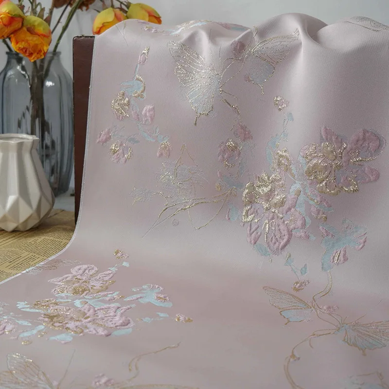 Top fashion Elegant soft gold silk butterfly embossed bubble dress spring and autumn fabric