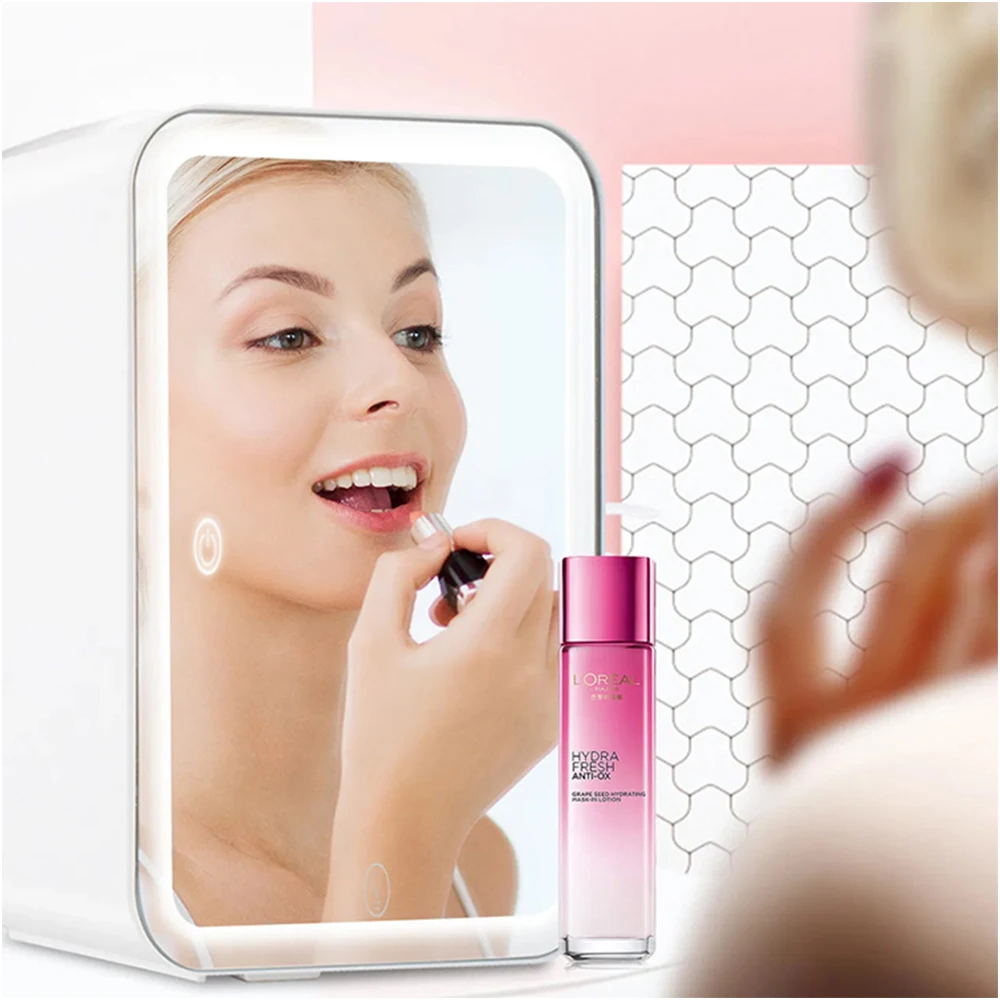 Portable 4L Mini Small Cosmetic Refrigerator Beauty Skin Care Makeup Mirror 12v Fridge Pink With Led Light For Bedroom