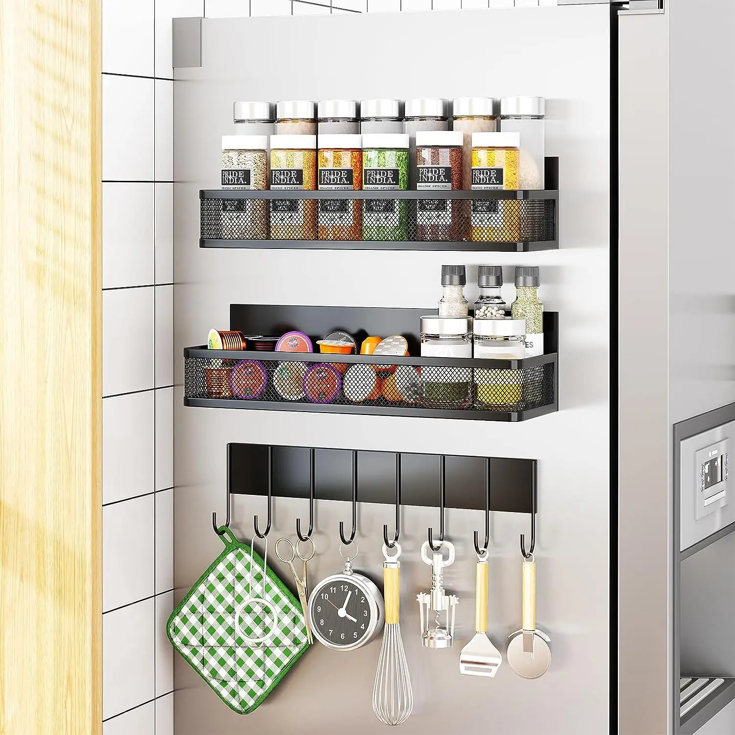 Kitchen Organization and Storage Kitchen 3 Pack  Moveable Magnetic Fridge Spice Organizer with 8-Hook Rack for Refrigerator