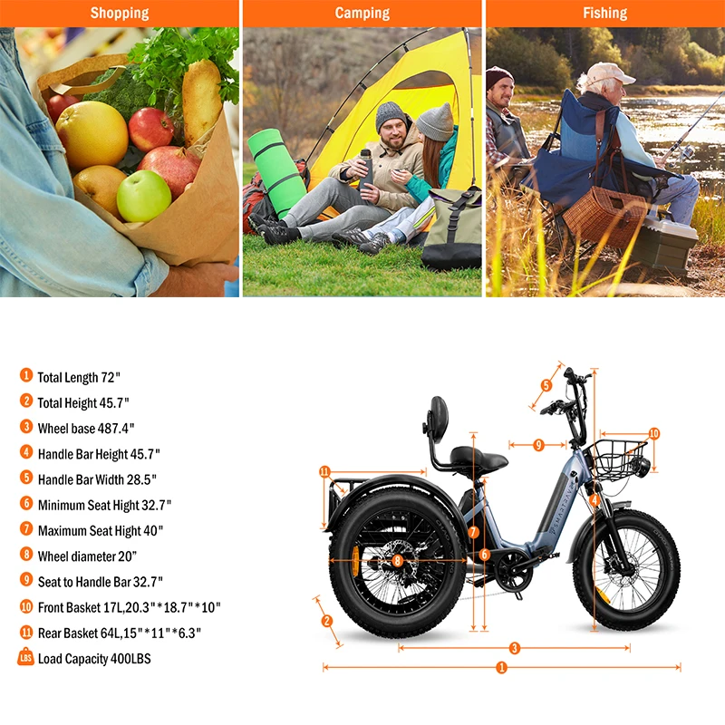 Mountain Electric Tricycle Cargo 48V Spoke Wheel Motor 1000W Aluminum Alloy Body Running 100km Lithium Bicycle