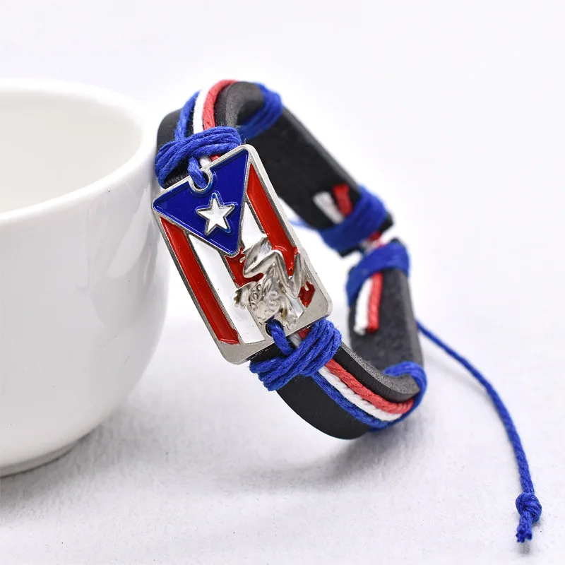 High Quality Three-dimensional Relief Frog Style Flag Woven Leather Bracelet Men Puerto Rico Wholesale Jewelry Bracelets Bangles