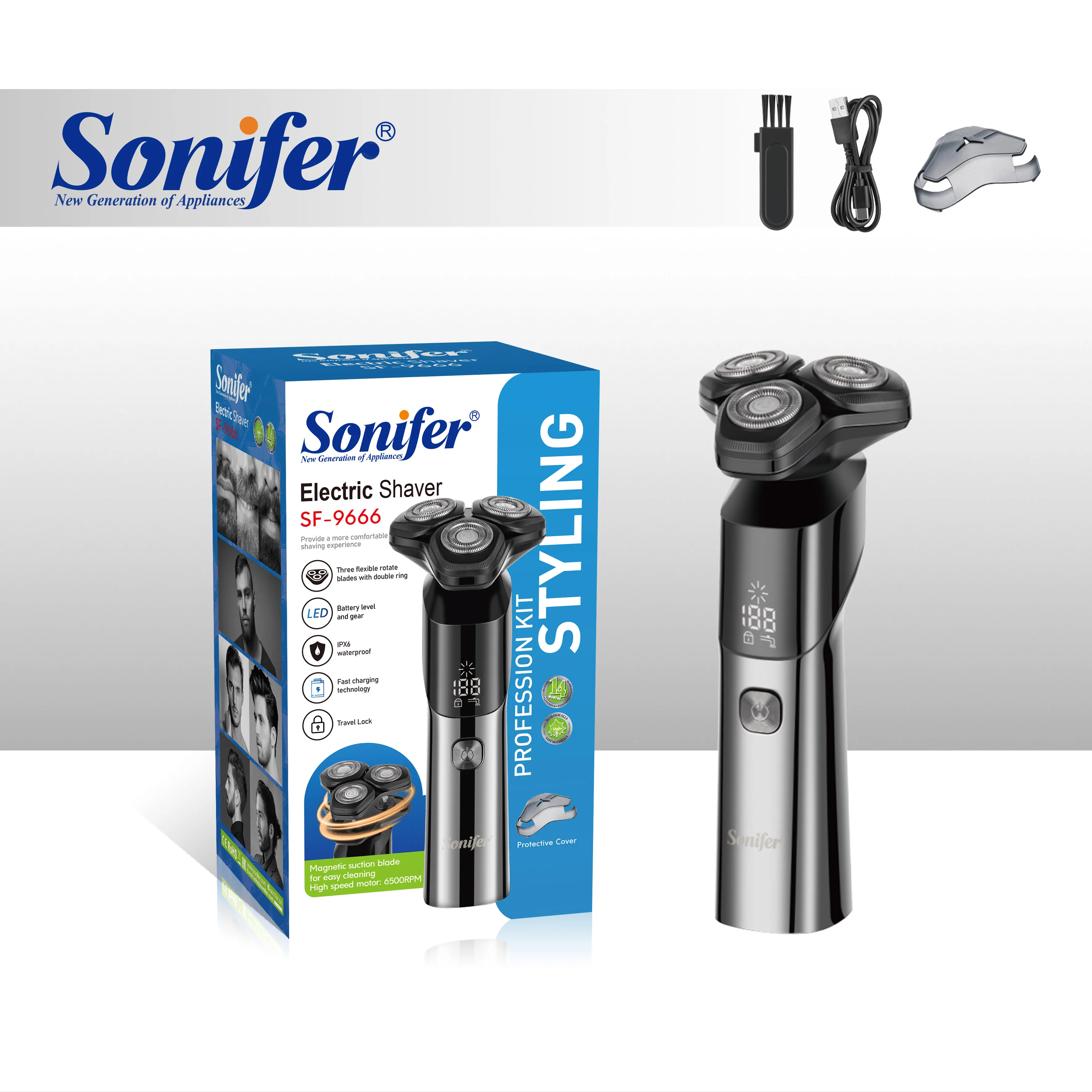 SF-9666 Sonifer оптовая продажа ЖК-дисплей IPX6 водонепроницаемый портативный USB с быстрой зарядкой 3 головки