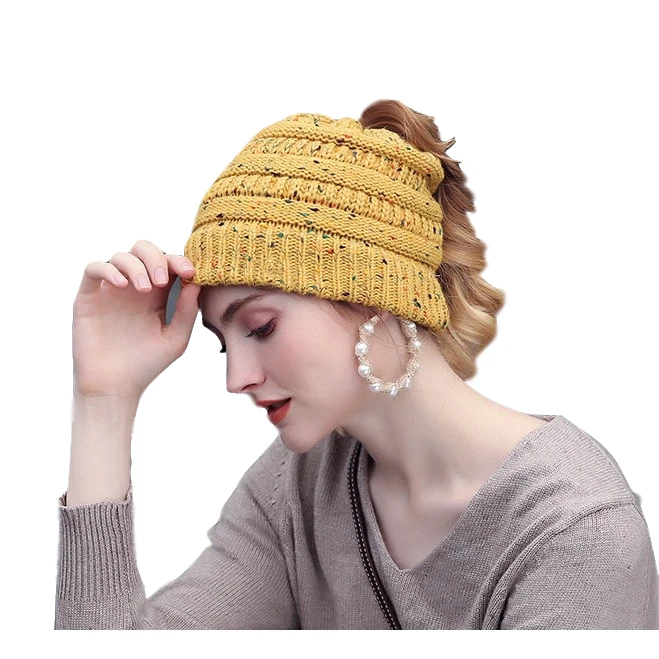 Women style winter design acrylic multifunction confetti messy bun ponytail beanie hat with hole