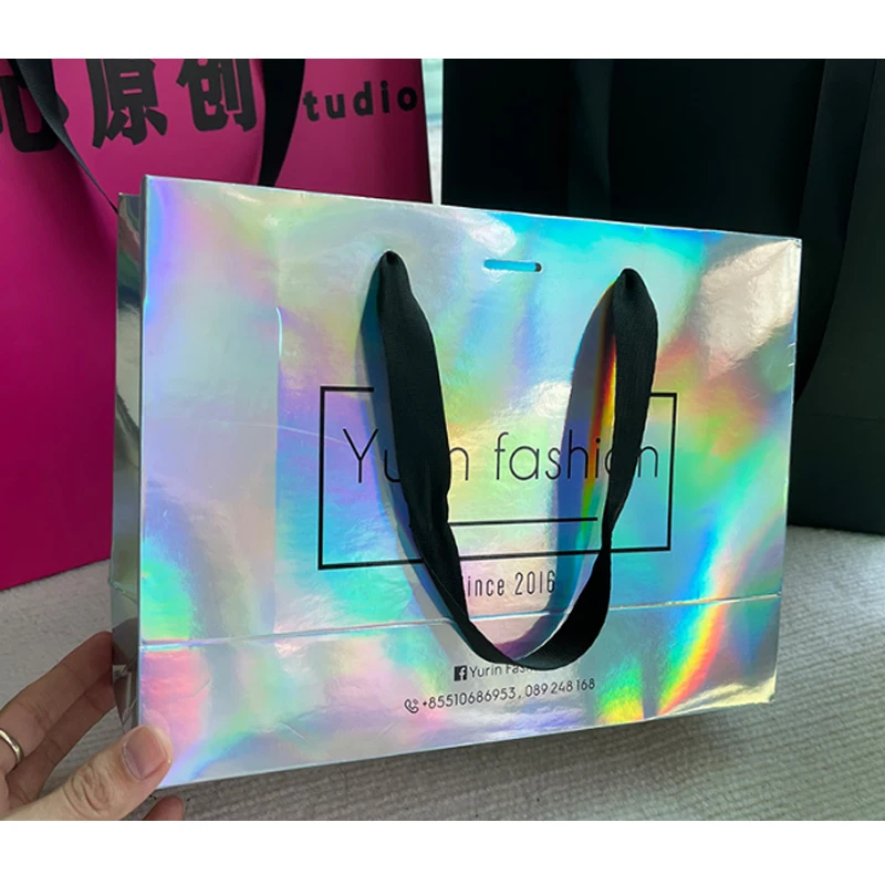 Custom Glitter Paper Bags Gift Packaging Laser Cut Gift Holographic luxury gift shopping paper bag with your own logo