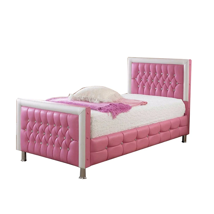 Girl Style Pink  Comfortable Faux Leather  Diamond Platform Bed Frame With Metal Legs