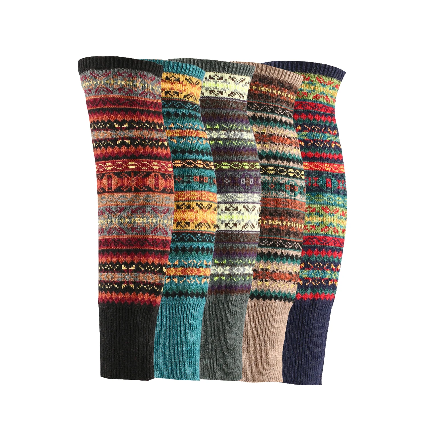 Geometric Patter Jacquard Color Green Red Yellow Slouchy Wool Leg Warmer for Girls Women