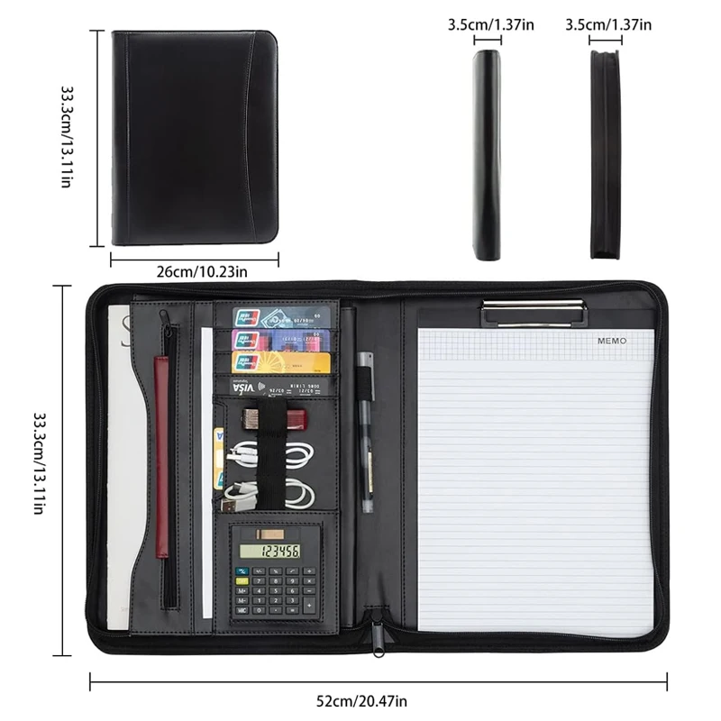 High Quality Custom A4 PU Leather Zippered Padfolio