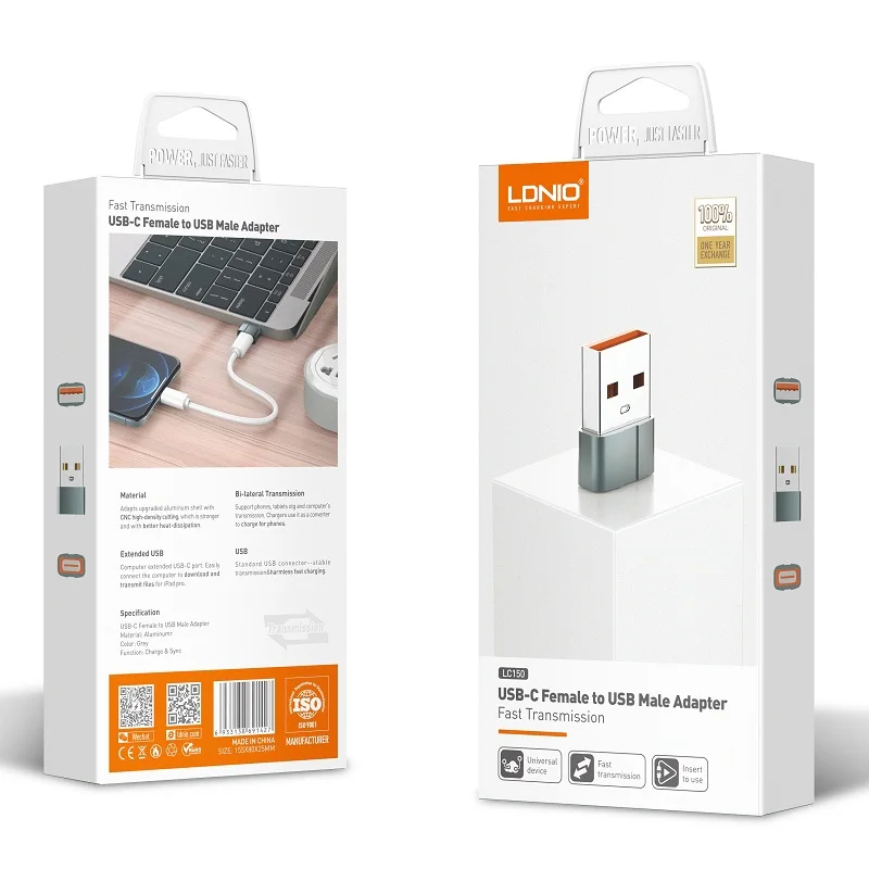 Адаптер LDNIO LC150 USB A-Type-C работает с зарядными устройствами для ноутбуков