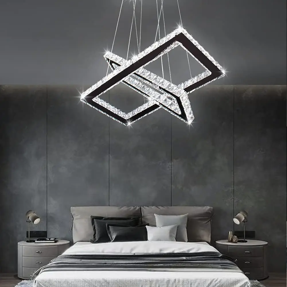 Modern Monochrome LED 2-Ring Square Pendant Lights Crystal Chandeliers for Hotel Dining Room & Living Room Decoration