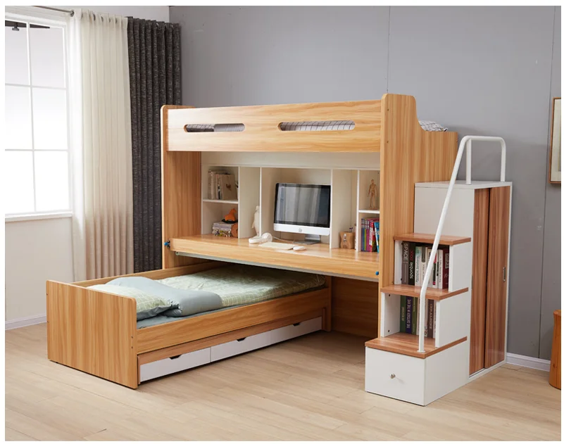 Nordic style  MDF  children there bunk bed with study table and storage drawer