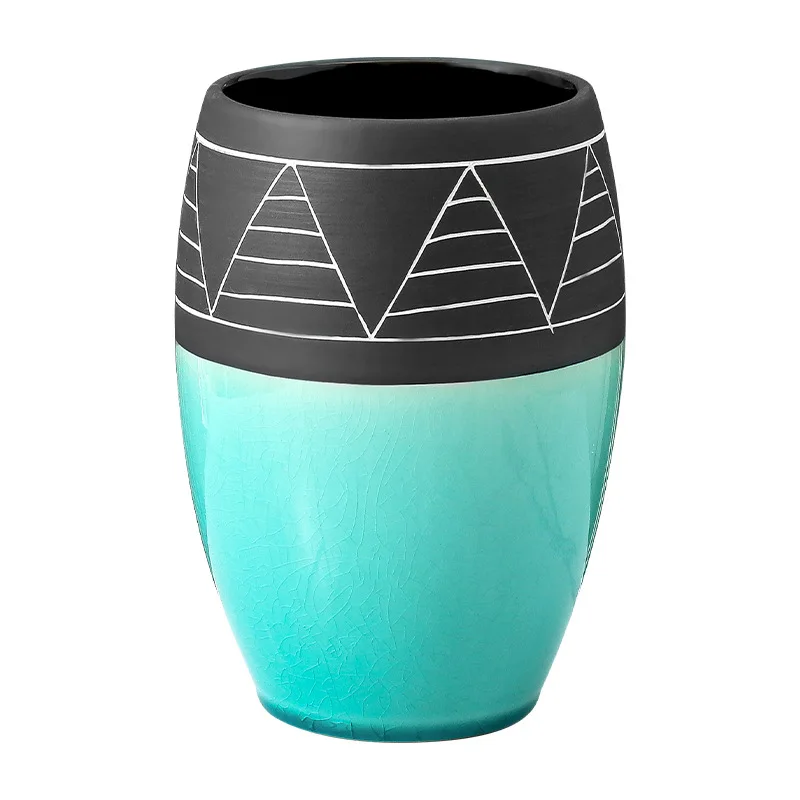  Black&Turquoise Cylinder Ceramic Vase Retro Finish for Home Decoration store shop