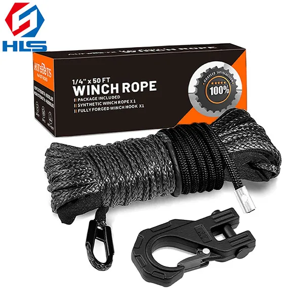 Factory Supply 12 Strands UHMWPE Winch Line Offroad 4WD Synthetic Winch Rope with Forged Winch Hook Black