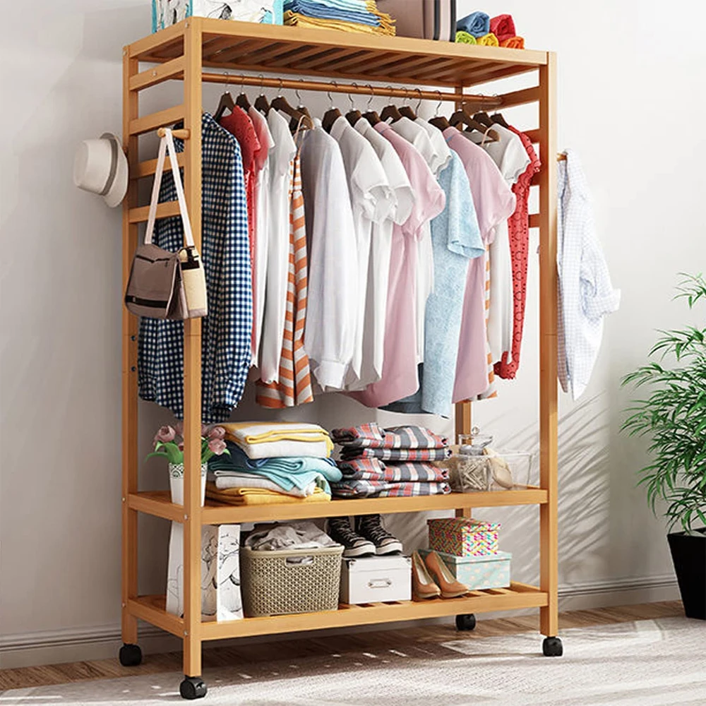 Three-in-one hanging space with wheel design is sturdy and beautiful bamboo clothes shelf