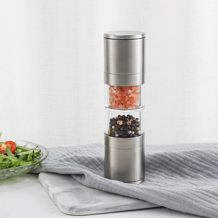 High Quality S/S Double Head Spice Mill Grinder with Glass Jars Salt and pepper Grinder Set 2in1pepper mills