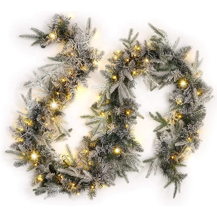 Flocked Artificial  9 Feet Christmas Garland with Lights, White Pine Garland with 100 Warm LED Lights For Holiday Decor