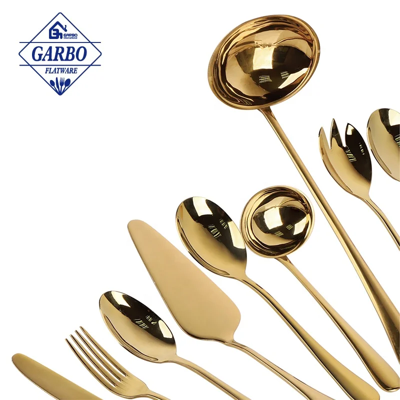 Luxury Style Shinning Gold 410ss Cutlery Set of 24pcs PVD Golden Stainless Steel Cutlery Set with Metal Stand Safe in Dishwasher
