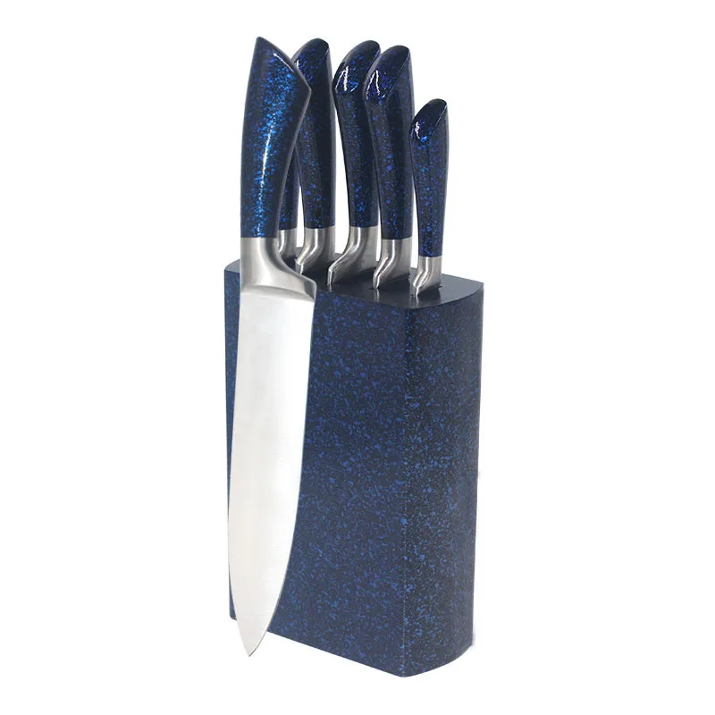 Manufacturer shiny coating hollow handle kitchen knife set of 5 with wooden block