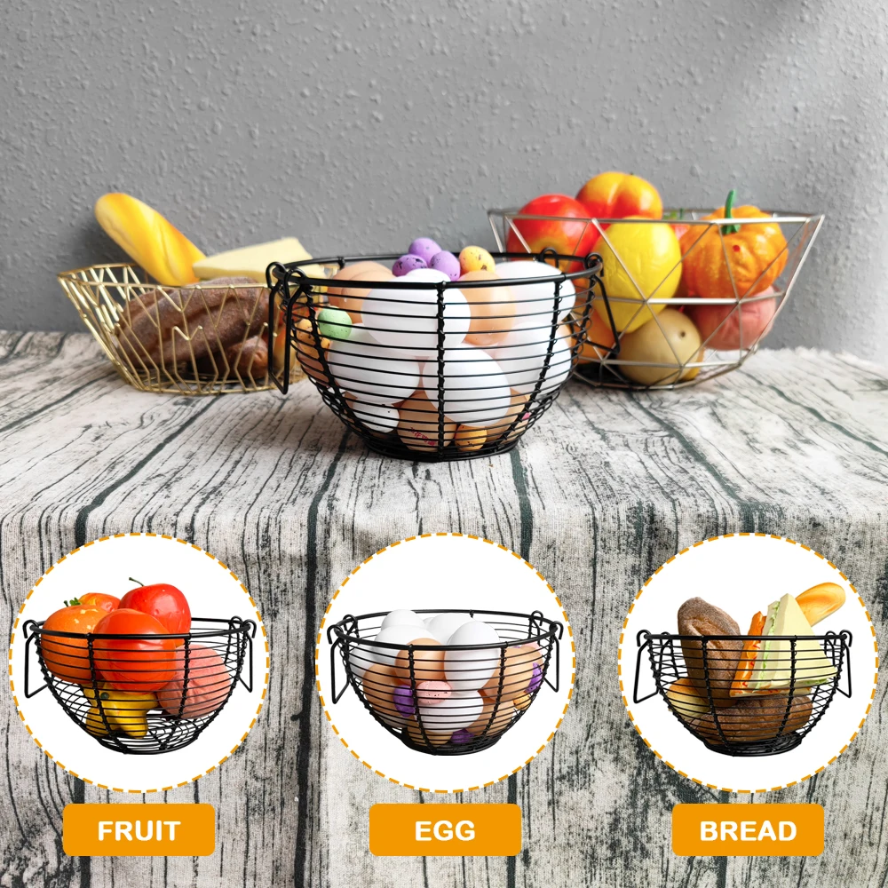 Round Shaped Vintage Egg Holder Organizer Retro Metal Wire Matt Black 2 Handles Wire Basket for Egg Collecting