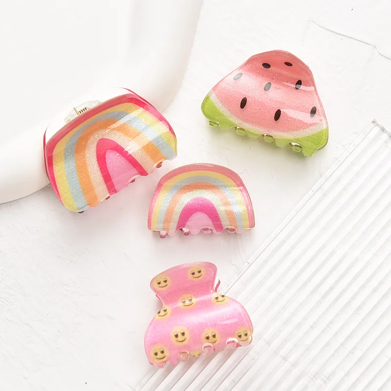 Korean Mini Size Acrylic Hair Claw Clip Cute Funny Fruit Rainbow Acid Acetate Hair Claw Clip For Kids Children