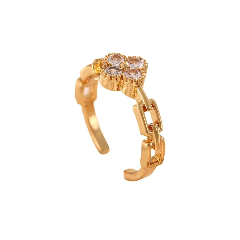 New Korean style sweet exquisite inlaid zircon fresh flower four-leaf clover opening adjustable index finger ring female