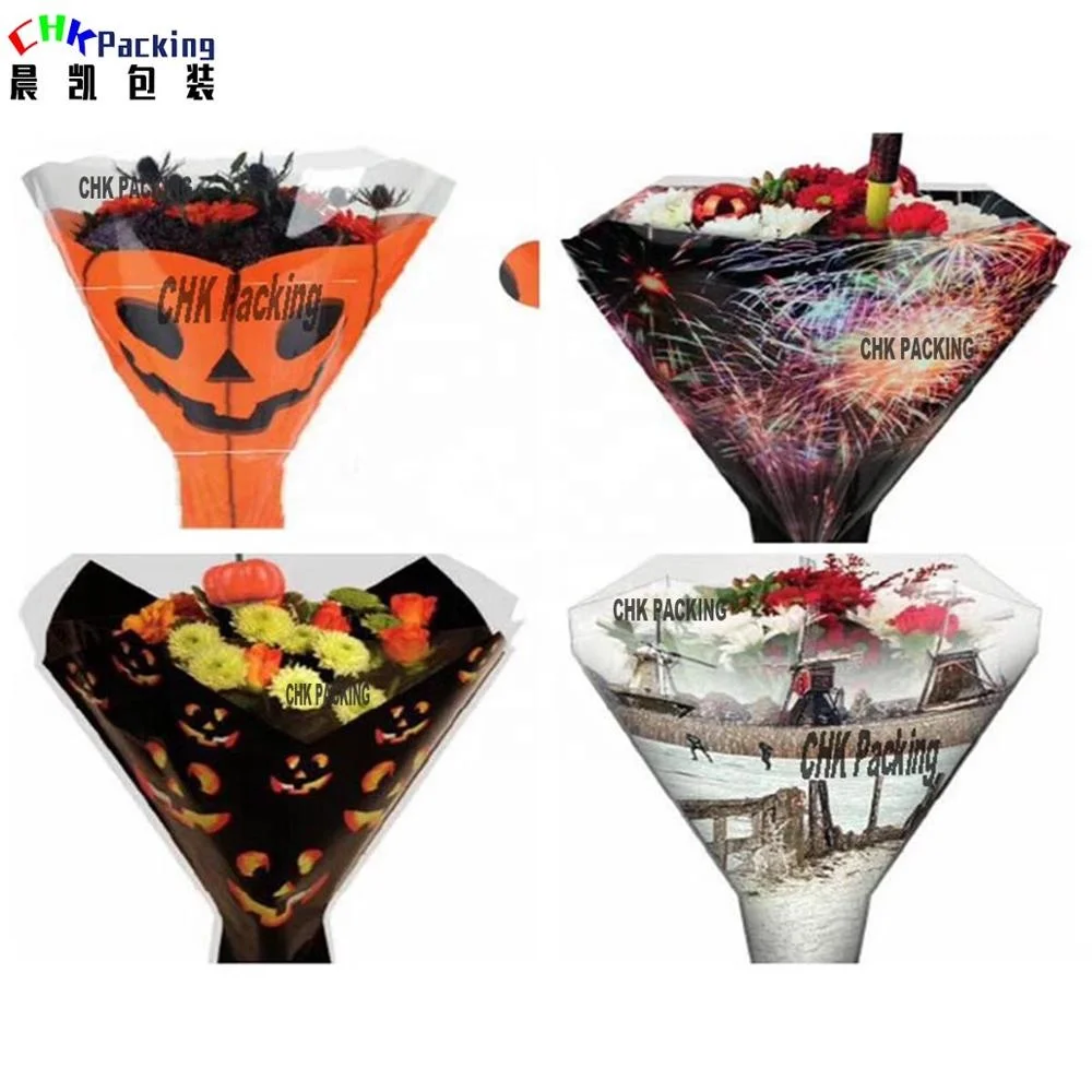 Custom design decorative fresh flower sleeve /  bouquet packaging carry plastic sleeve for plant