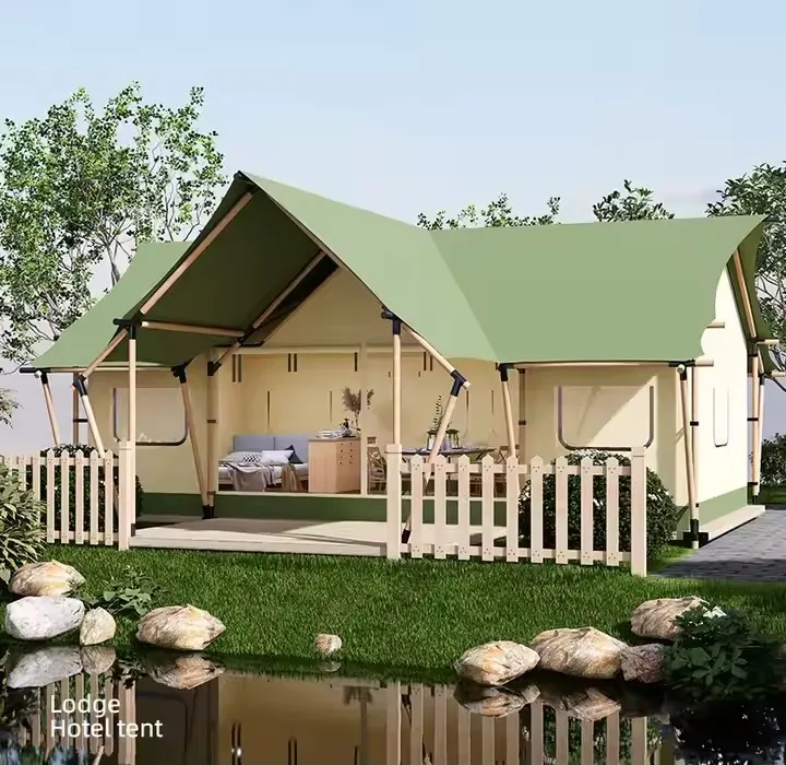 Home Luxury Canvas Glamping Wooden Style waterproof canvas tarpaulin luxury glamping outdoor living safari tent With Bathroom