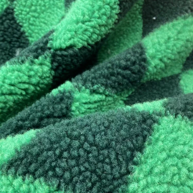 Thick plaid 100 polyester knitted custom green jacquard check pattern sherpa fleece fabric for winter jackets