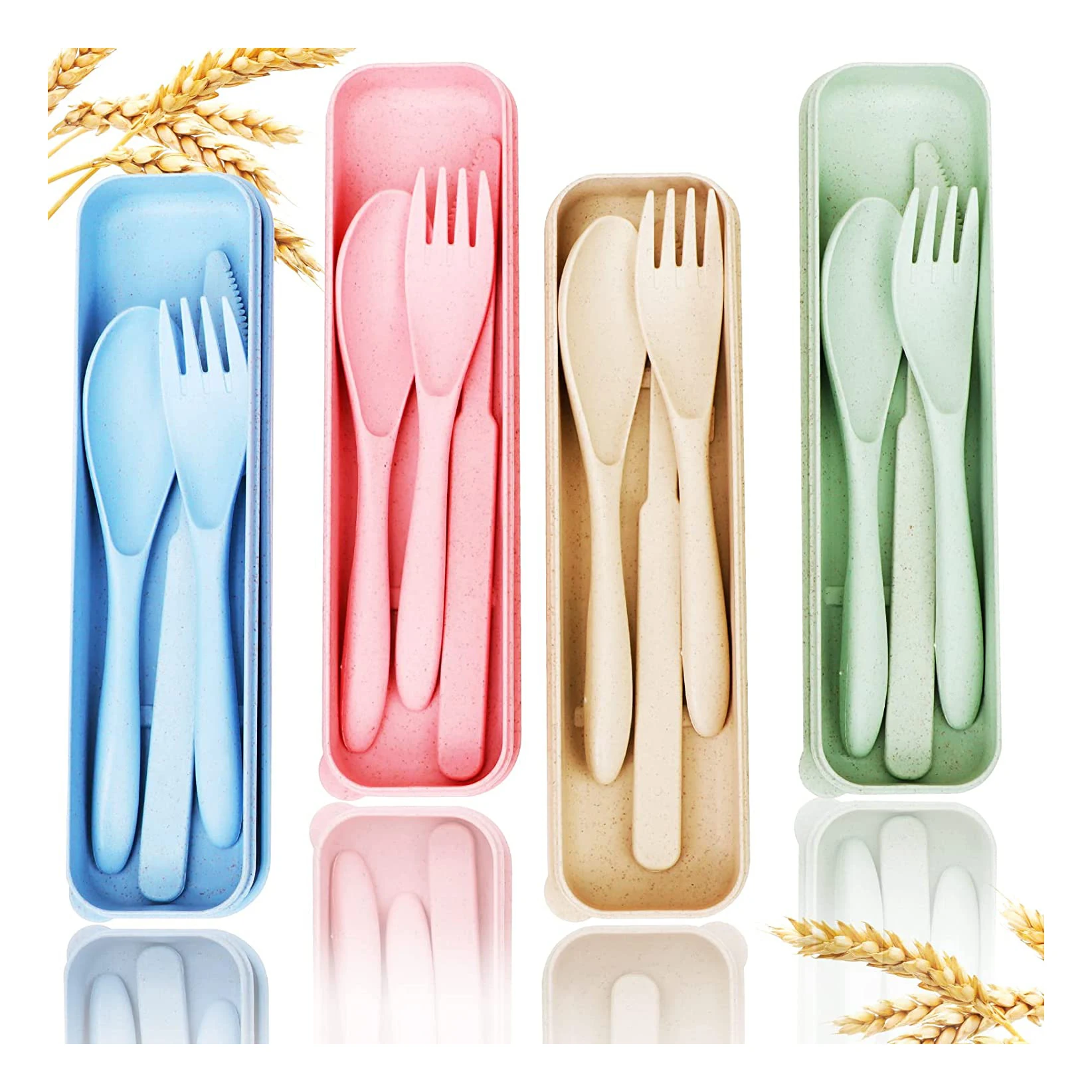 Reusable Travel Utensils Set with Case, 4 Sets Wheat Straw Portable Knife Fork Spoons Tableware, Eco-Friendly BPA Free