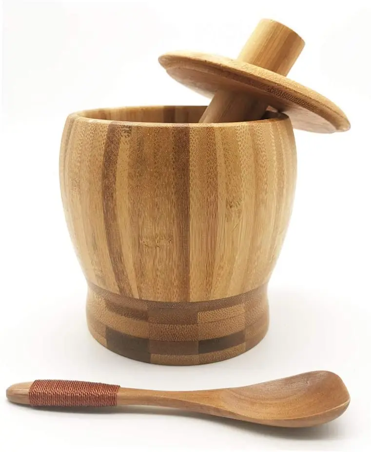 Bamboo Mortar and Pestle Set with a Lid and Spoon