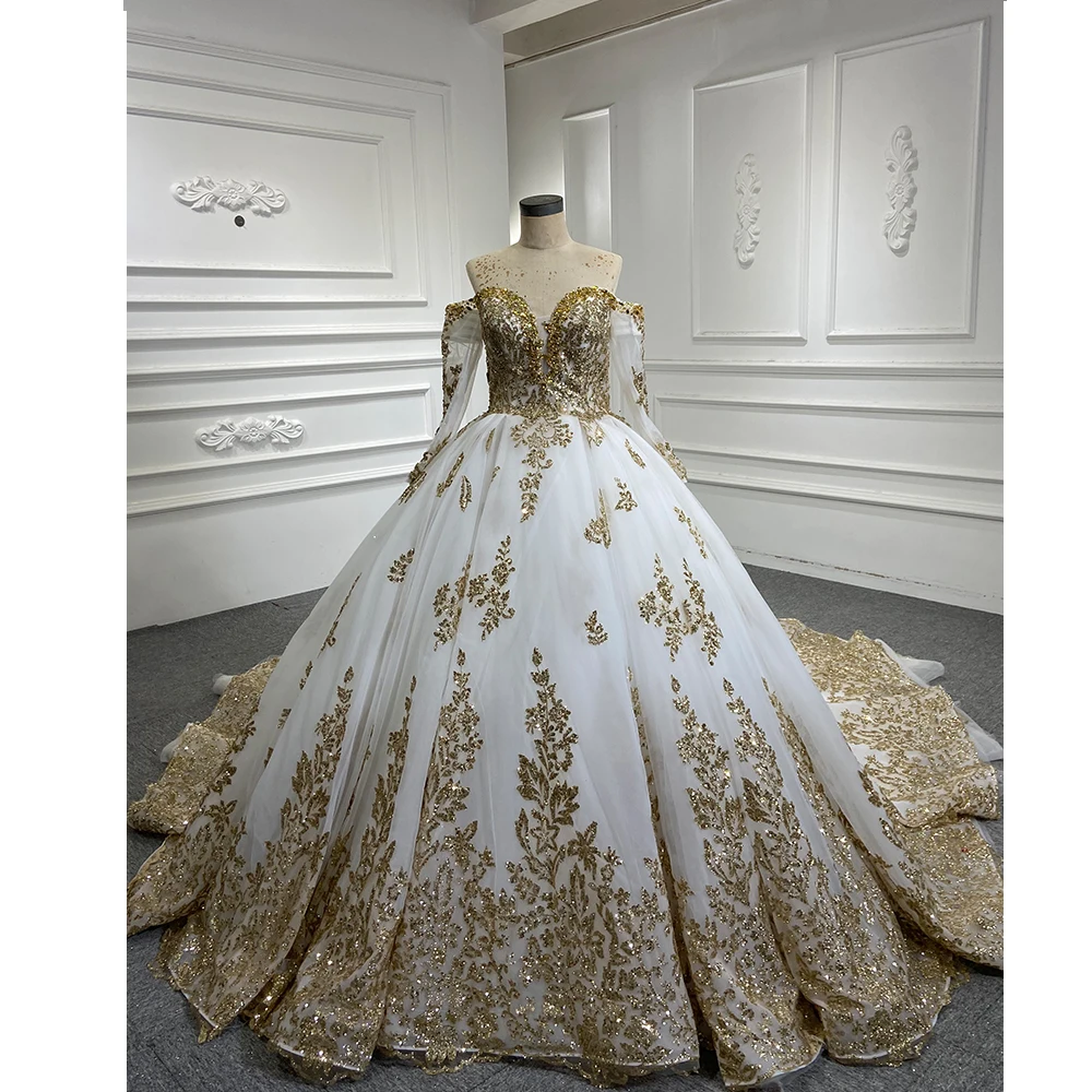 Off shoulder long sleeve shiny gold lace applique stones beaded luxury white ball gowns wedding dress bridal gown
