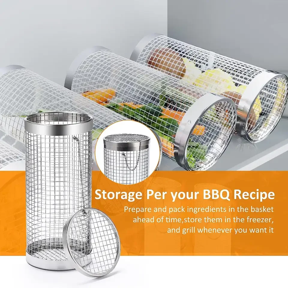Portable BBQ Net Tube Barbecue Tube Rolling Grilling Stainless Steel Wire Mesh Cylinder Grill Basket