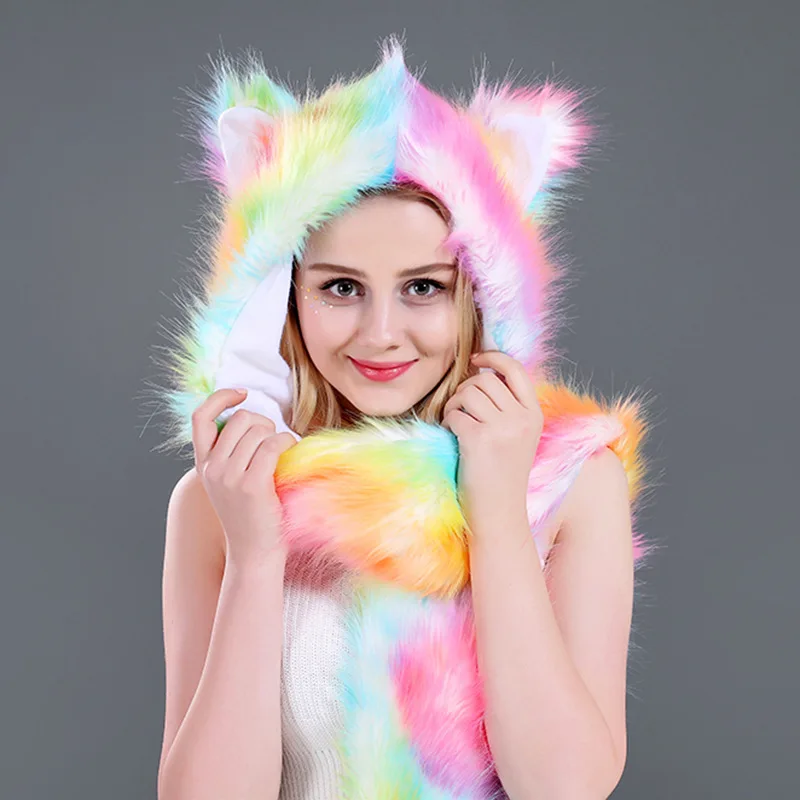 2023 Fashion Rainbow Fuzzy  Fake Fur Vegan Hat Colorful Animal Knitted Custom Polyester Knit Animal Hat Scarf Snood