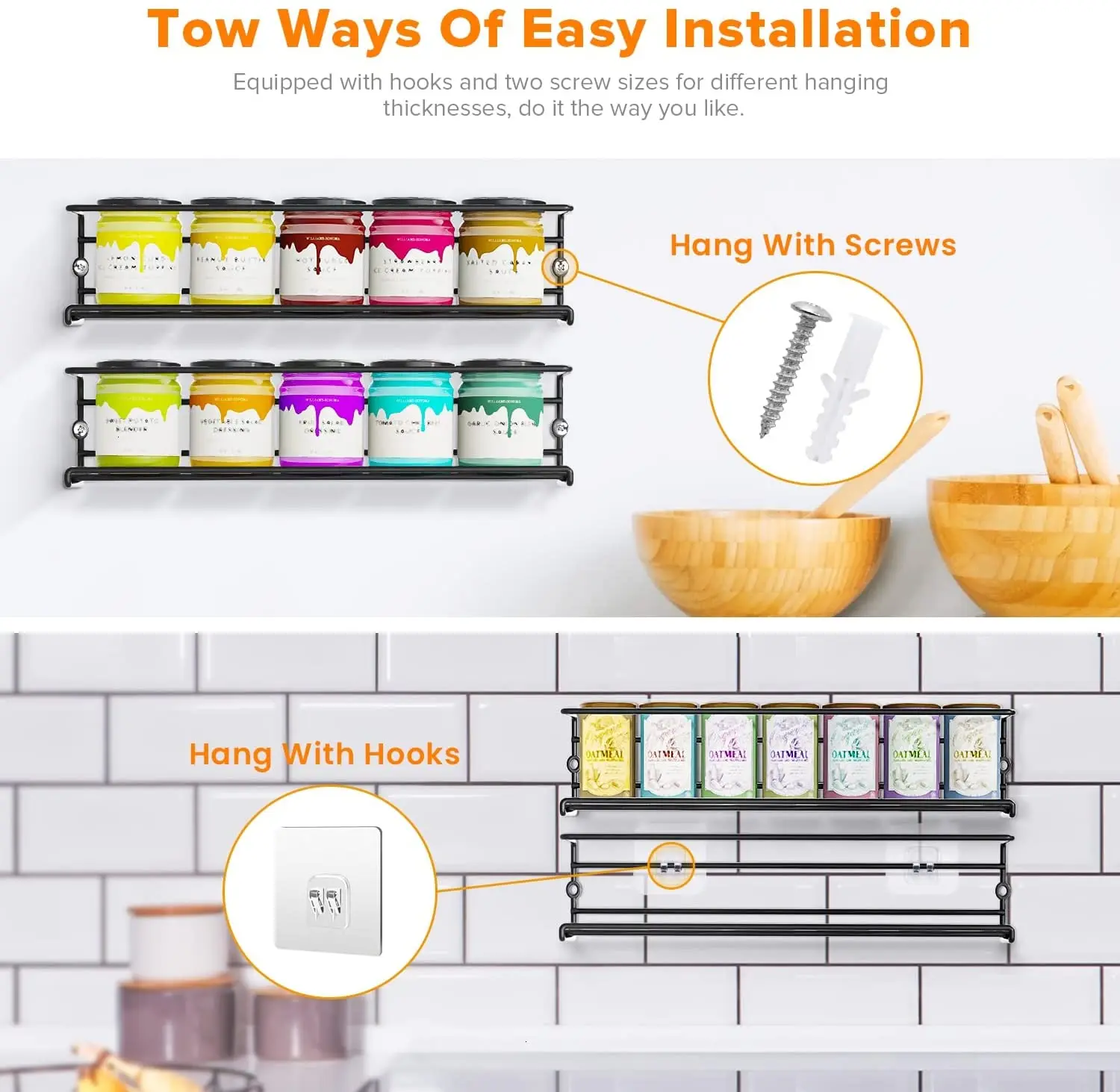 ORZ0206  Wall Mounted Stackable Spice Organizers Seasoning Organizer with Hooks & Screws Hanging Spice Racks For Wall Mount